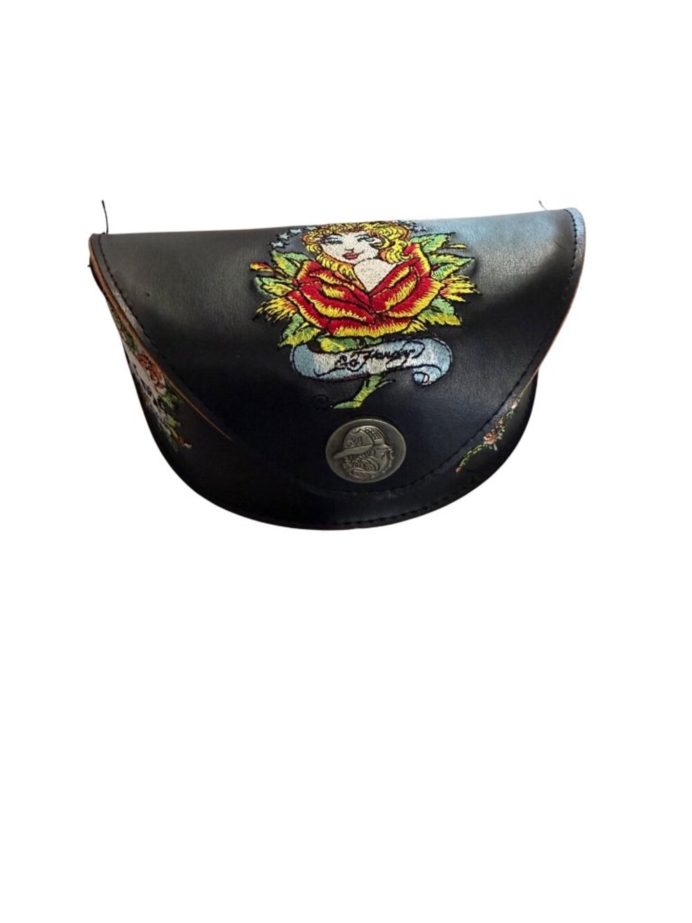 Ed Hardy Vintage Tattoo-Inspired Black Leather Glasses Case  Embroidered Rose &